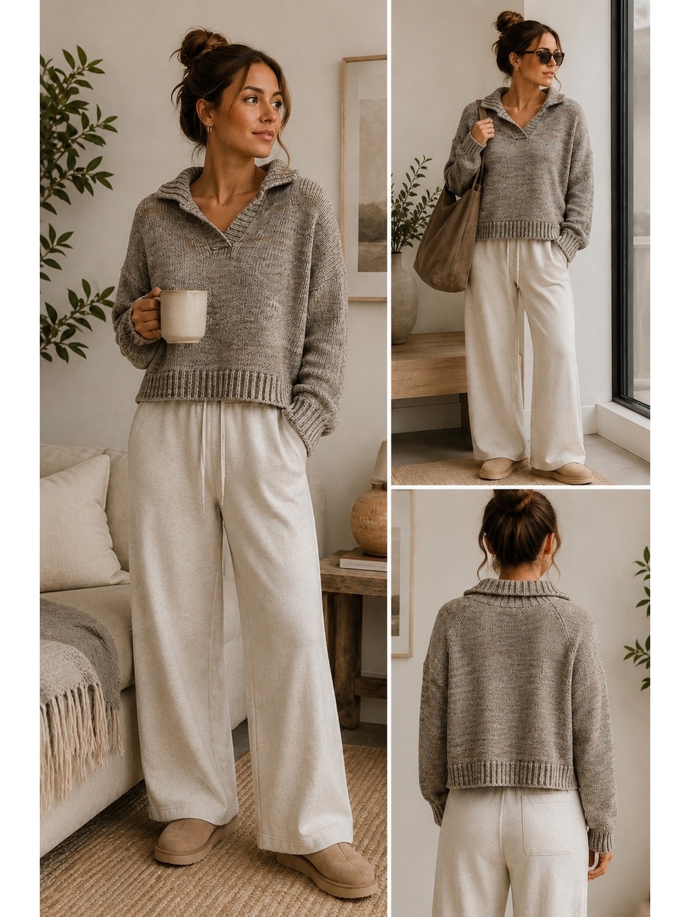 Chunky Marled Knit Sweater Womens Cozy Collar Neutral Grandpa Core S M